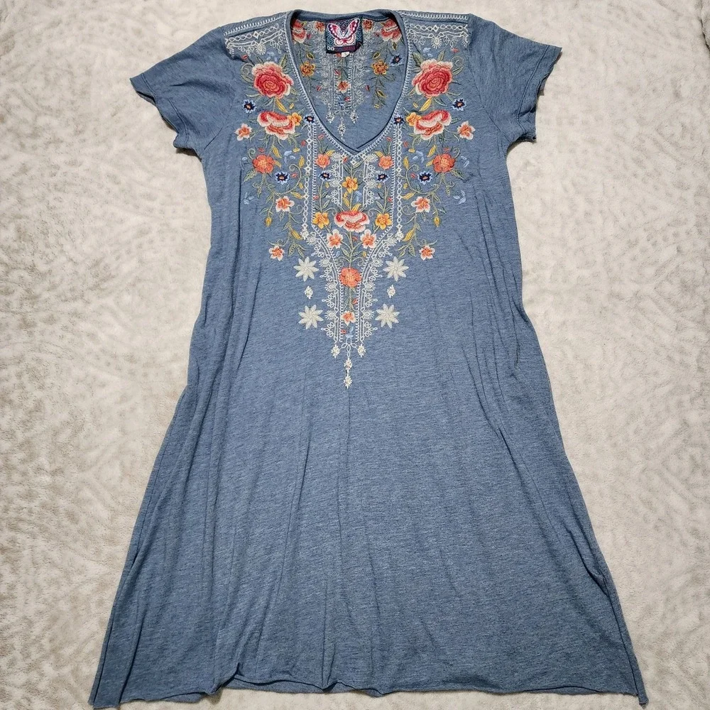 Johnny Was Women's Drape embroidered tunic dress Size S Blue Bohemian Beachy